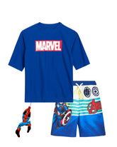 Marvel Avengers Boys’ Rash Guard Set - Spider-Man and Captain America - Kids’ UPF 50+ Swim Shirt and Trunks for Boys (3T-12), Size 10-12, Royal Avengers Stripes